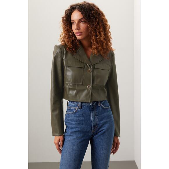 Saunders Collective Sz 10 Faux Leather Army Green Cropped Moto Jacket - Picture 1 of 6